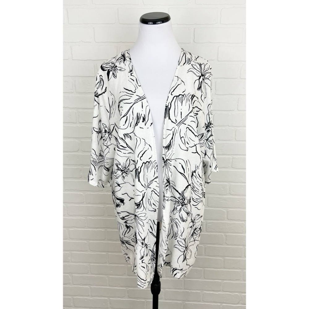 Joie Linen Blend Tropical Floral Open Front Kimono Top Black White One Size